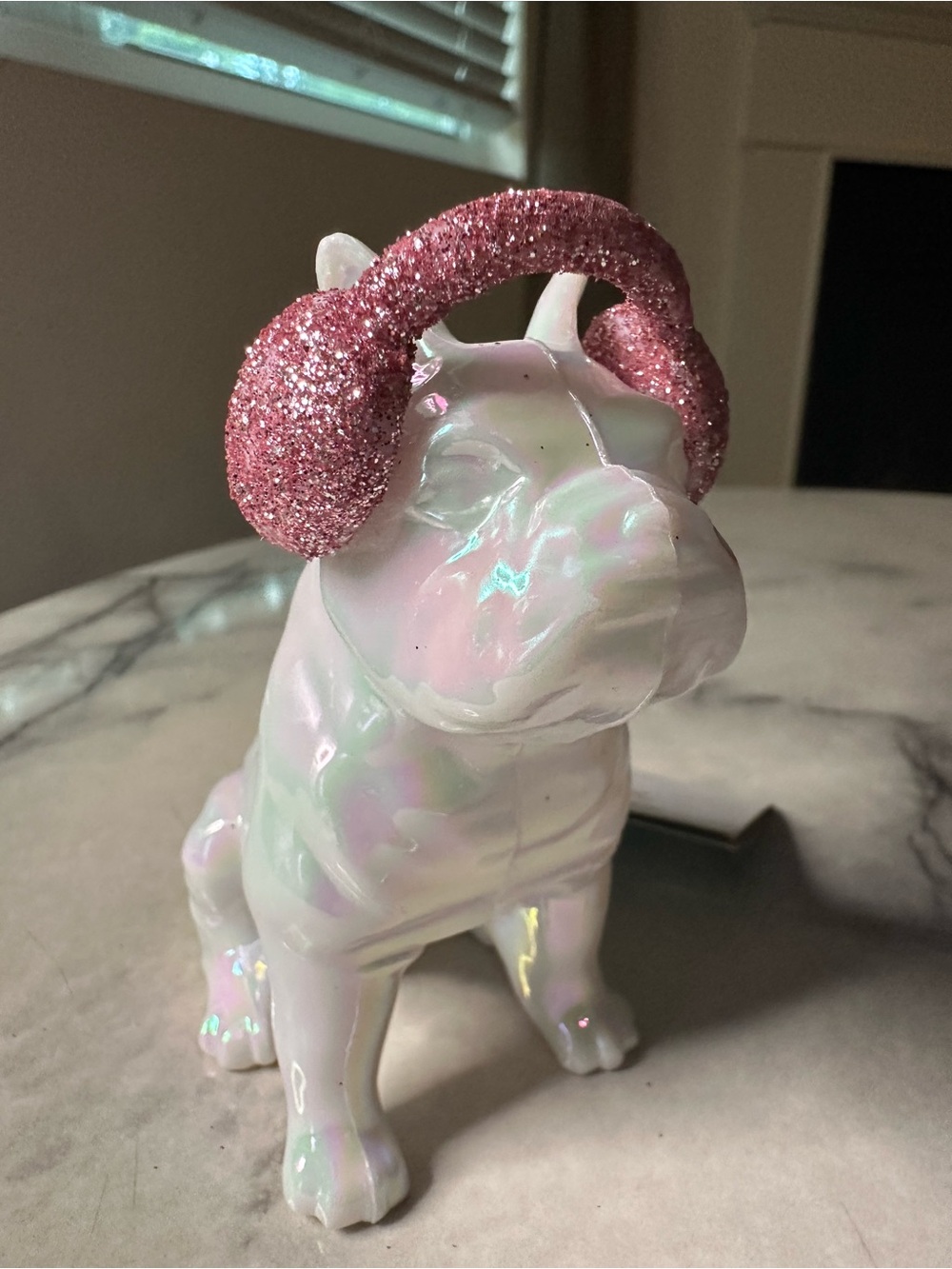 Iridescent White Bulldog Figurine with Pink Glitter Earmuffs